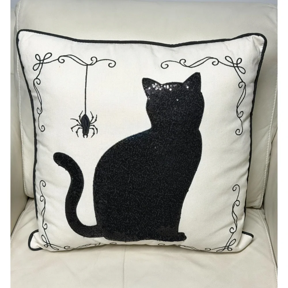 Black Cat Sequin Throw Pillow Halloween Décor 16.5